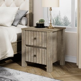 WAMPAT Farmhouse End Table with Charging Station, Vintage Grey Sofa Table with 2 Stoarge Drawers for Living Room, Side Table with USB Ports Outlets for Bedroom