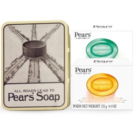 Pears Soap Gift Set, Vintage Tin with 2 Transparent Glycerin Soaps (Amber & Green) for Glowing Skin, 4.4 Oz Ea