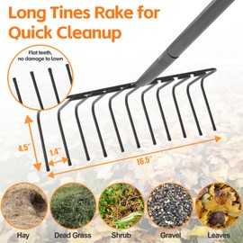 Garden Rake, Heavy Duty 11 Tines Metal Thatch Rake for Gathering Hay Dead Grass Brush Pine Needles Leaves, 72" Long Handle Large Yard Rakes for Lawns Standing Effortless Collecting Cleaning