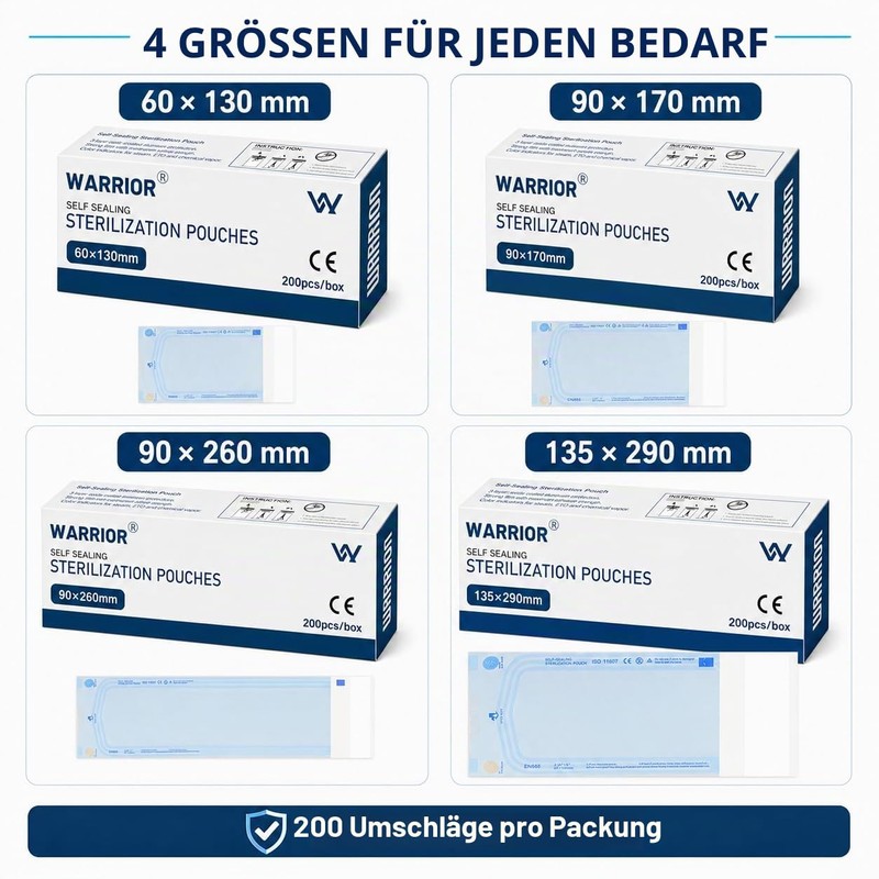 WARRIOR Sterilization Bags, Sterilization Bags, 200 Pieces, Autoclave Bags, Self