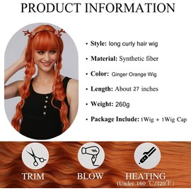 Esmee 27 Inches Ginger Orange Wig with Bangs Natural Synthetic Hair Long Curly Wigs for Women Daily Party Wedding, Dating, Cosplay Wear Ginger Orange