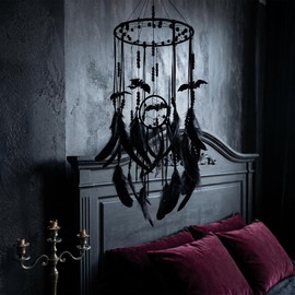 Remorlet Halloween Gothic Black Dreamcatcher with 5 Bat Ornaments - Wall Hanging for Witchy Home Outdoor Decor, Halloween Bat Decor, Dark Gothic Gift, Goth Wall Hanging Decor