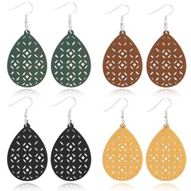 4 Pairs Wooden Different Shapes Earrings Bohemian Hollow Wooden African Dangle Drop(ER1213-D)
