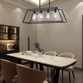 XILICON Island Table for Kitchen Black Chandeliers 4 Light Modern Dining Room Lighting Fixtures Hanging, Kitchen Island Cage Linear Pendant Lights Farmhouse