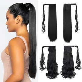 XFSRG 2 Pieces Ponytail Extensions Wavy Straight Long Ponytail Hairpiece Braid Hair Extension Synthetic Hair Extension for Women (Deep Black)