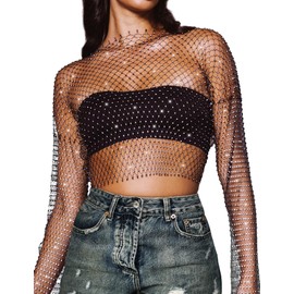 CYCLAMEN Women's Rhinestone Body Chains Long Sleeve Crop Tops Crystal See Through Mesh Diamond Fishnet Shirts Outfits, Black, One Size (XS-L)