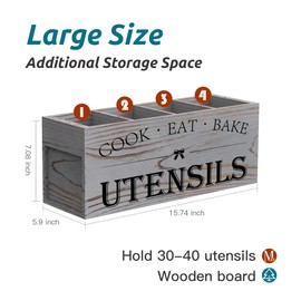 Suli Extra Large Kitchen Utensils Holder with 4 Compartments, Wooden Utensil Organizer for Kitchen Countertop, Farmhouse Decor, Rustic Cooking Utensil - Grey grain