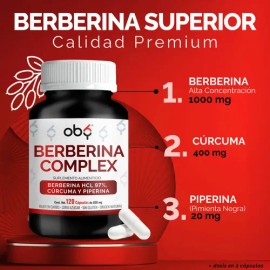 Berberina Hcl 97% 1000mg + Piperina, Curcuma | Oby Glucontrol | 120 Capsulas