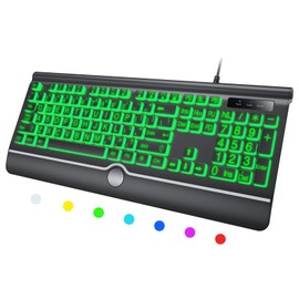 Backlit Large Print Keyboard, Wired Light Up Keyboards with 7-Color Backlit, Wrist Rest, Oversize Letters Keys Easy to See and Type, Corded Full-Size Keyboard for Windows Desktop, Laptop, PC, Gaming