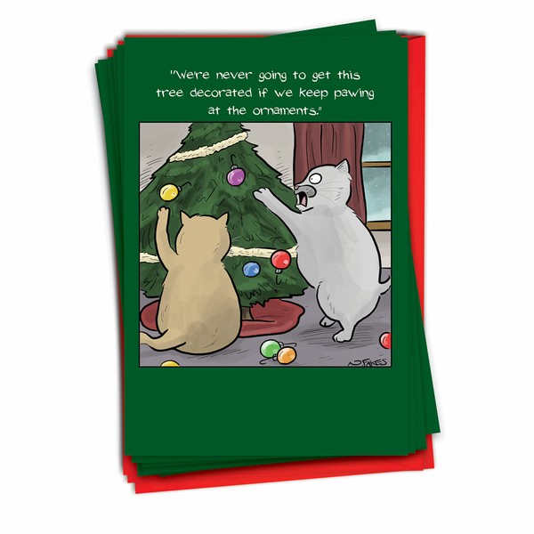 NobleWorks - 12 Funny Christmas Cards for Adults - Cartoon Xmas Humor, Holiday Boxed Greeting Cards (1 Design, 12 Cards) - Cats Decorating Tree C6240XSG-B12x1