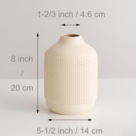 Ceramic Rustic Farmhouse Vase, Boho Earthy Vase in Antiqued Style for Pampas Grass, Small Vase in Whitewash Finish for Living Room and Home Decor, Table and Shelf Decor - 8 Inch, Creamy White