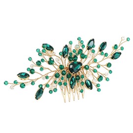 Green Crystal Bridal Hair Comb Golden Rhinestone Elegant Hair Accessories for Wedding and Women (1, Green, One Size)