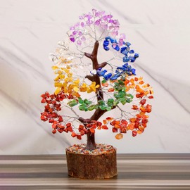Crocon Seven Chakra Gemstone Tree Feng Shui Figurine Money Bonsai Good Luck Reiki Healing Crystals Balancing Decoration Ornament Sculpture Wealth Prosperity Table Room Decor Gift Size 10-12"