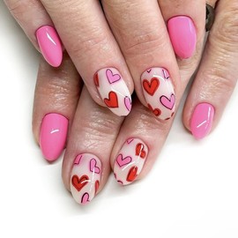Short Press on Nails Oval False Nails Red Love Press on Nails with Heart Design Glossy Pink False Nails with Glue on Nails Artificial Nails Reusable Stick on Nail for Women Valentine’s Manicure 24PCS