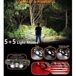 Skylla Headlamp Rechargeable,1200 Lumen Ultra Bright LED Head Lamp Flashlight with White Red Light,Motion Sensor Waterproof Headlight, 5 Modes Lights for Outdoor Camping Fishing Running (2 Pack)