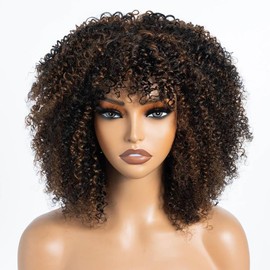 Style Icon Short Kinky Curly Wig with Bangs Human Hair for Black Women Highlight Brown Short Curly Bang Wig 200% Density Curly Bob Glueless Wig (Black mixed Brown, 14 inch)