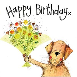 ALEX CLARK Happy Birthday Green Bouquet Dog Foil Card