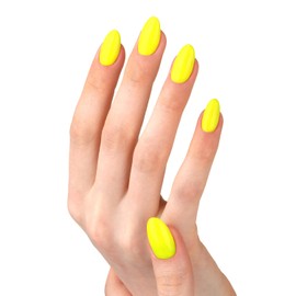 Wooyas Press on Nails Almond, Medium Jelly Yellow Handmade Gel Fake Nails, Neon Reusable Salon Perfect Glue on Nails in 12 Sizes - 24 Pcs Soft Gel Glue On Nails Kit for Women Girls