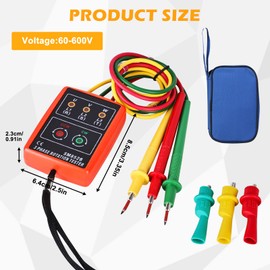 Rotation Display Tester Detector Mete: Phase Tester Rotary Field Meter AC60V~600V, Phase Rotation Tester 3 Phase with Crocodile Clips and Buzzer Display for High Voltage Devices