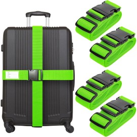 CAKKVDE 4 PCS 5x200CM/2x78IN Luggage Straps for Suitcase, Heavy Duty Adjustable Suitcase Straps with Buckle and Luggage Label, Luggage Belts Suitcase for Travel Case (Fluorescent Green)