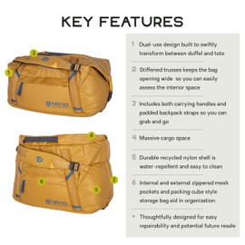 NEMO Equipment Double Haul Convertible Duffel & Tote Bag – Water-Resistant Gear Bag with Backpack Straps - 30L - Chai