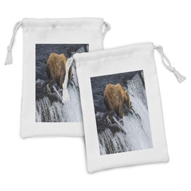 Lunarable National Parks Fabric Pouch Set of 2, Giant Bear in a Stream Alaskan Wildlife Fishing Animal Sealife Maritime, Small Drawstring Bag for Toiletries Masks and Favors, 9" x 6", Brown White