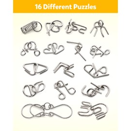 Coogam Metal Wire Puzzle Set of 16 with Pouch,Brain Teaser IQ Test Disentanglemen Iron Link Unlock Interlock Game Chinese Ring Magic Trick Toy for Party Favor Kids Adults Challenge