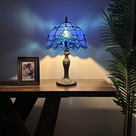 enjoy decor lamps Stained Glass Table Lamp Blue Baroque Style LED Bulb Included for Living Room Bedroom Bedside 12" W*12" D*19" H