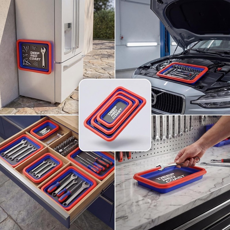 deepredcoast Collapsible Magnetic Parts Tray Set, 3 Pcs Silicone Magnetic