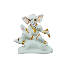 SHRESHTHA IDOLS - Estatua de Ganesha con Mushak para decoración de coche, hogar y templo, 8,4 x 10,1 x 2,5 cm, polvo de mármol, blanco y dorado, decoración de festivales