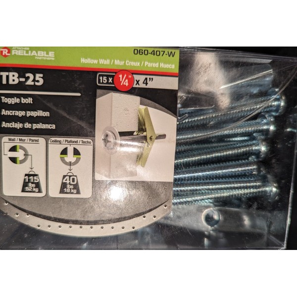 Reliable Toggle Bolts Anchors with Screws, 1/4" x 4" Long,
