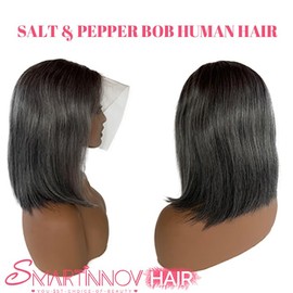 12 Inch Grey Salt & Pepper Bob Wigs Human Hair for Women 13x6 HD Lace Front Wig Human Hair Pre Plucked Pre Cut Glueless Straight Silky Short Bob Wigs with Baby Hair 180% Density 6 Inch Deep Parting