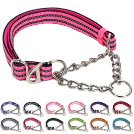 Reflective Martingale Dog Collar with Chain,Comfort Padded Strap No-Pull Dog Collar,Choke Dog Collar for Medium to Extra Large Dogs for Training, Walking, Hunting (Pink L)