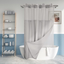 Extra Long No Hook Slub Textured Shower Curtain with Snap-in PEVA Liner Set - 71" x 98"(96"), Hotel Style with See Through Top Window, Grey Fabric Curtain & Waterproof Liner, Gray, 71x98