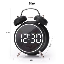 Digital Small Alarm Clock, 4.5 Inch Double Bell Electronic LED Alarm Clock, Plug in or Battery Operated Silent Metal Table Clock, Modern Loud Bedside Clock for Heavy Sleepers Adults Kids (Black)
