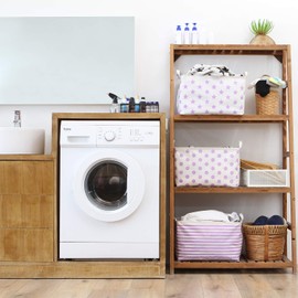 Sea Team Collapsible Canvas Fabric Storage Basket with Handles, Rectangle Waterproof Storage Bin, Box, Cube, Foldable Shelf Basket, Closet Organizer, 16.5 x 11.8 x 9.8 Inches, Purple Dot