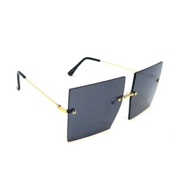 Dweebzilla Womens Oversized XL Rimless Luxury Square Aviator Sunglasses (Black & Gold Frame, Solid Black Lenses)