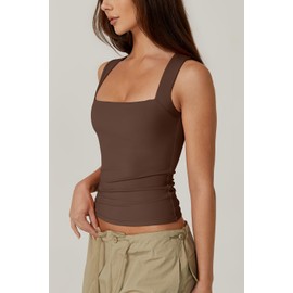 QINSEN Womens Tank Top Sleeveless Square Neck Casual Basic Fitted T- Shirts Brown XS