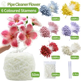 NafuXiaJJia 600 Pcs 6-Coloured Flower Stamens for Crafting,200 Pcs Pearls and 1 Roll Fluffy Yarn for Pipe Cleaners Crafting,Bouquet Accessories,Pipe Cleaner Flower Kit