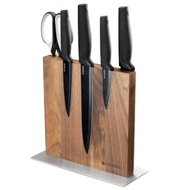 Navaris Magnetic Wooden Knife Block - Kitchen Storage with Strong Magnets for Knives & Utensils - Simple Modern Utensil Holder in Walnut Wood - 8.9" x 8.7"