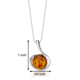 PEORA Genuine Large Baltic Amber Solitaire Pendant Necklace for Women 925 Sterling Silver, Rich Cognac Color, Round Shape, with 18 inch Chain, 100% Natural from Baltic Region