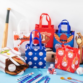 MiniInflat 24 Pcs Baseball Gift Bags Party Favor Bags Reusable Non Woven Tote Bag with Handles Baseball Waterproof Treat Bag for Party Favors Supplies, Extra with 24 Pcs Slap Bracelets