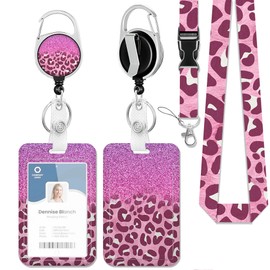 Leopard Purple Glitter Gradienr Plastic Id Badge Holder,ID Badge Holder with Breakaway Lanyard Retractable Badge Reel,Card Name Tag Badge Protector Cover for Teacher Nurse Student Office