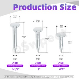 Swpeet 400 Pcs 3 Sizes 3/4" 1" 1-1/4" Galvanized Roofing Felt Nails Assortment Kit, Roofing Nails Roofing Felt Pins Suit for Shed Roof Roofing Felt Slate Boards, Asphalt Shingles