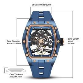 Luxury Automatic Mechanical Skeleton Watch, 42x53mm Alloy Case, Luminescent Hands, Silicone Strap, 3ATM Water Resistant, Blue