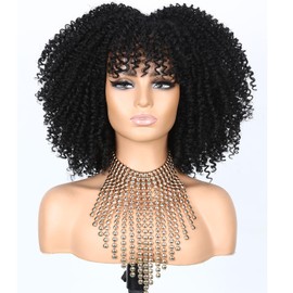 Fancy Hair Afro Curly with Bangs Kinky Curly Wig Synthetic Glueless Bomb Curly Wig for Black Women Natural Black