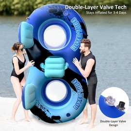 Heavy Duty Double River Tube, 2-Person Inflatable Floating Tube with Backrest, 2 Cup Holders, Handles, Oversized Inflatable Pool Float for familiy, Lake Floats for Adults,Blue