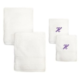 Super Soft Thick Embroidered White Turkish Cotton Bath Towel Set of 2 with Monogrammed Purple Script H | Looped Terry Cloth Finish Extra Absorbent Quick Dry Luxury Kitchen Spa Bath Hand Towel