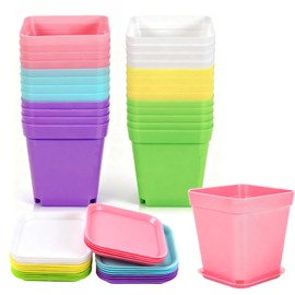 EDOBLUE 24 PCS Colorful Square Plastic Flowerpots, Succulent Planting Tools with Trays, Suitable for Decorating Your Rooms, Gardens, Offices and Balconies