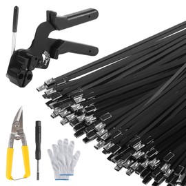300 PCS 11.8 Inch Metal Zip Ties, Stainless Steel Cable Tie Gun Set, Heavy Duty Self-locking Cable Ties Adjustable Metal Zip Ties Tool Kit for Machinery Exhaust Wrap Pipes Cables Fence (Black)